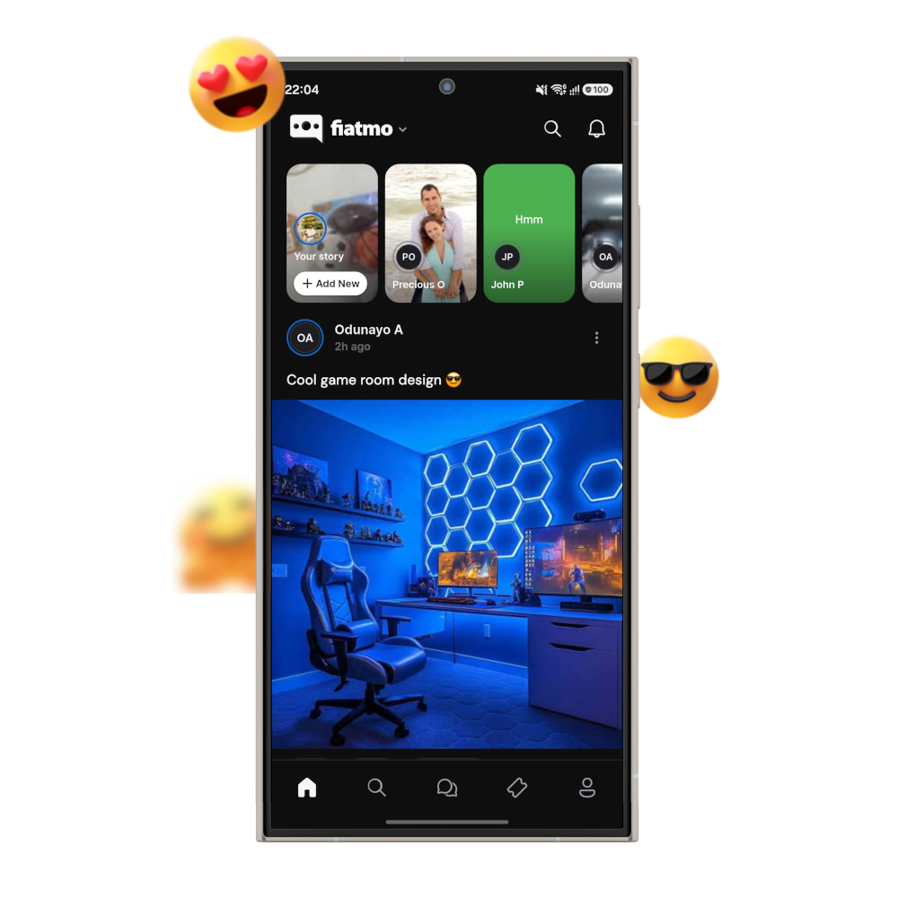 The Fiatmo app feed, showing stories across the top and a community post below
