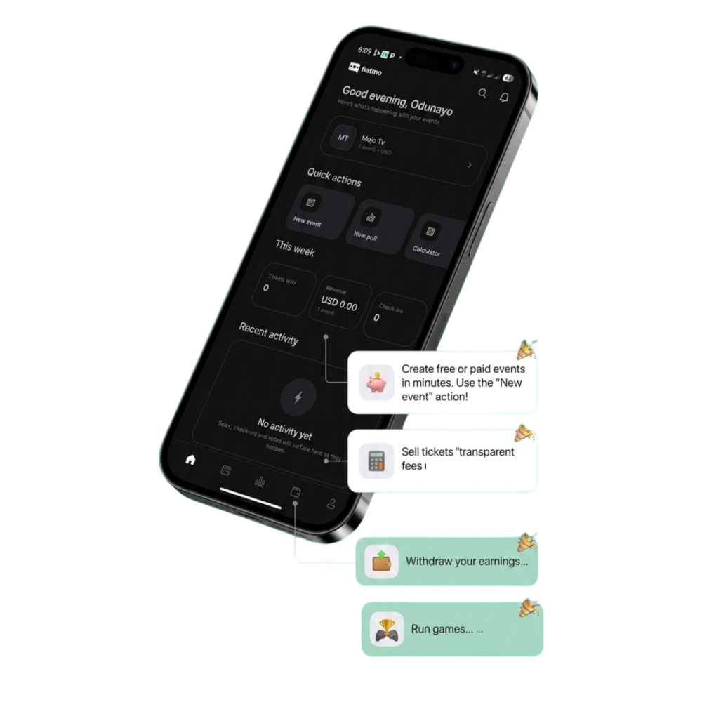 The Fiatmo organiser dashboard, showing quick actions for a new event or poll and this week's tickets sold, revenue and check-ins